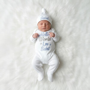 White Personalized “Hello World” Newborn Hospital Set
